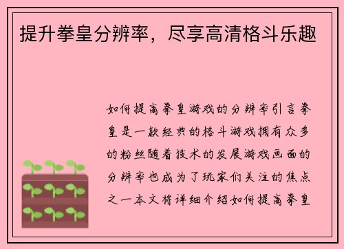 提升拳皇分辨率，尽享高清格斗乐趣